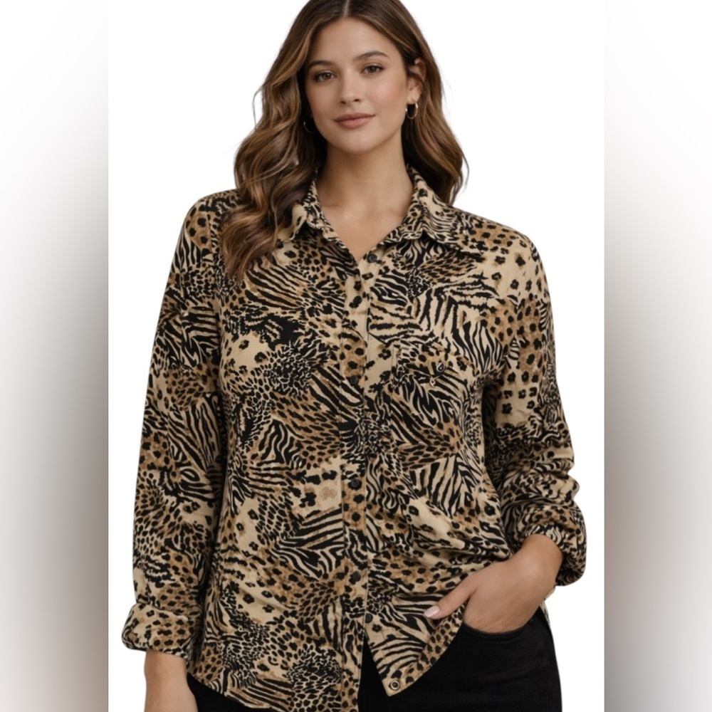 Notations Petite PM Animal Print Button Front Blouse